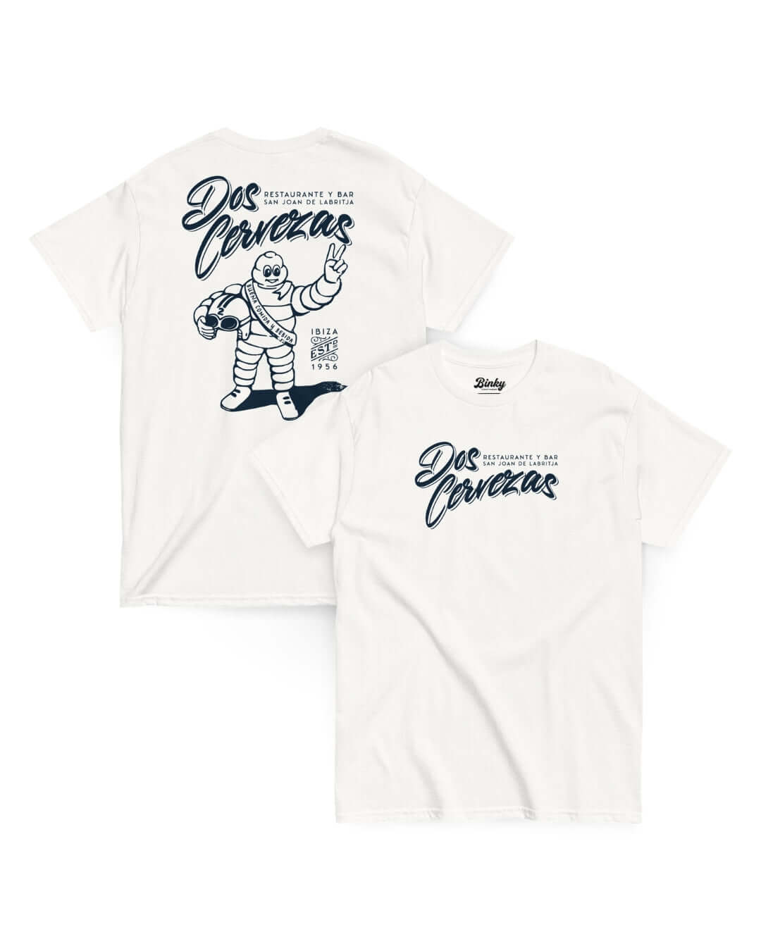 Dos Cervezas T-Shirt in White showing vintage Ibiza-style front and back graphics