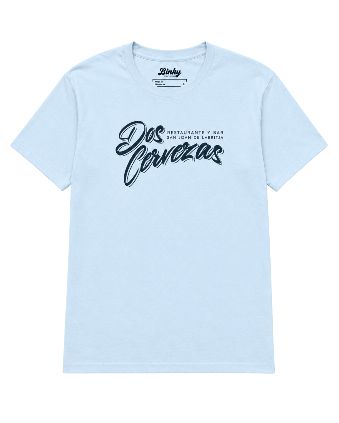 Dos Cervezas T-Shirt | Ibiza Vintage Style featuring a light blue fabric and stylish typography.