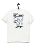 DOS CERVEZAS IBIZA T-SHIRT hanging on a hook, featuring unique graphic print and relaxed fit, perfect for summer wear.