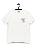 DOS CERVEZAS IBIZA T-SHIRT displayed on a hanger, featuring a minimalist design and playful graphic