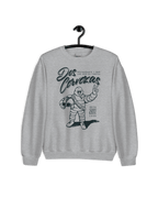 DOS CERVEZAS IBIZA SWEATER featuring a graphic design of a character in a fun pose on a grey background.