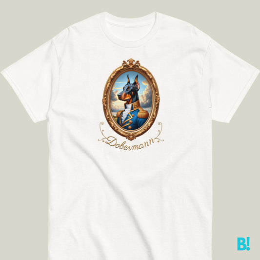 Noble Dobermann Portrait Tshirt in 7 Colors | Shop Now Embrace the Dobermann legacy with our 100% cotton unisex tee, showcasing a baroque-framed portrait. Shop the royal range in S-3XL sizes. €29.50 B!NKY Comfywear