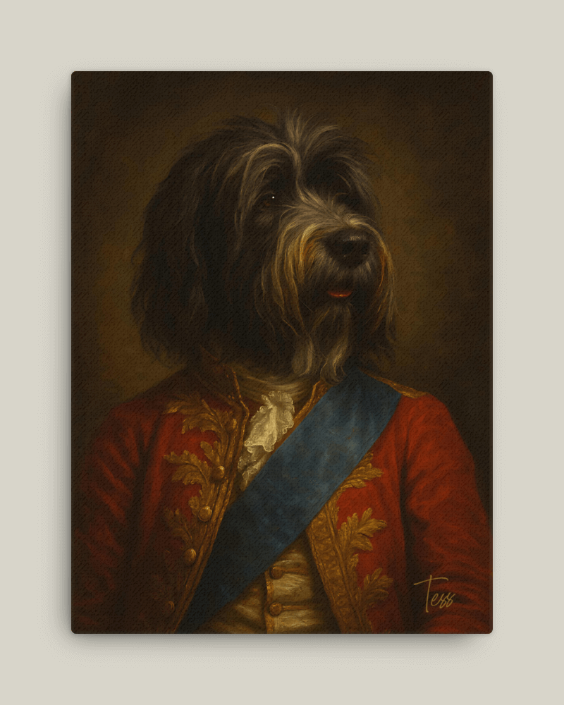 Royal custom dog portrait of a black and tan dog dressed in historic attire with a decorative sash.