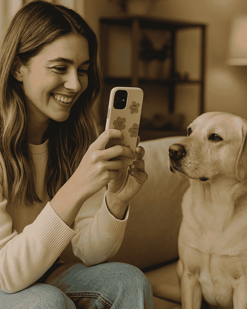 Woman smiling while using her phone beside a Labrador dog, showcasing a joyful moment between pet and owner.