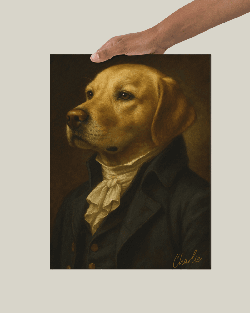 A hand holding a custom dog portrait of a golden retriever dressed in an elegant outfit.
