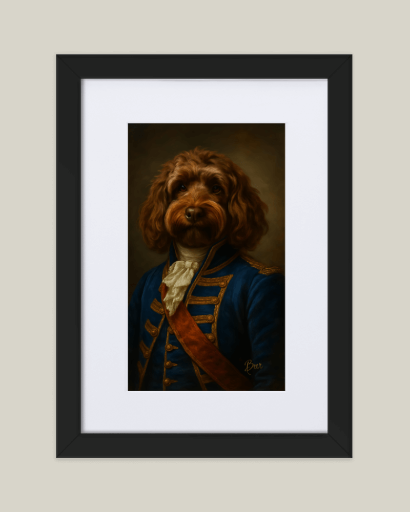 Custom dog portrait of a fluffy brown dog dressed in a historical blue uniform, framed and ready for display.