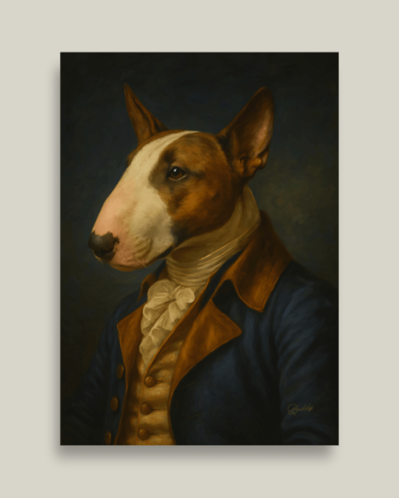 Custom dog portrait of a Bull Terrier in an elegant outfit, showcasing artistic craftsmanship and unique style.