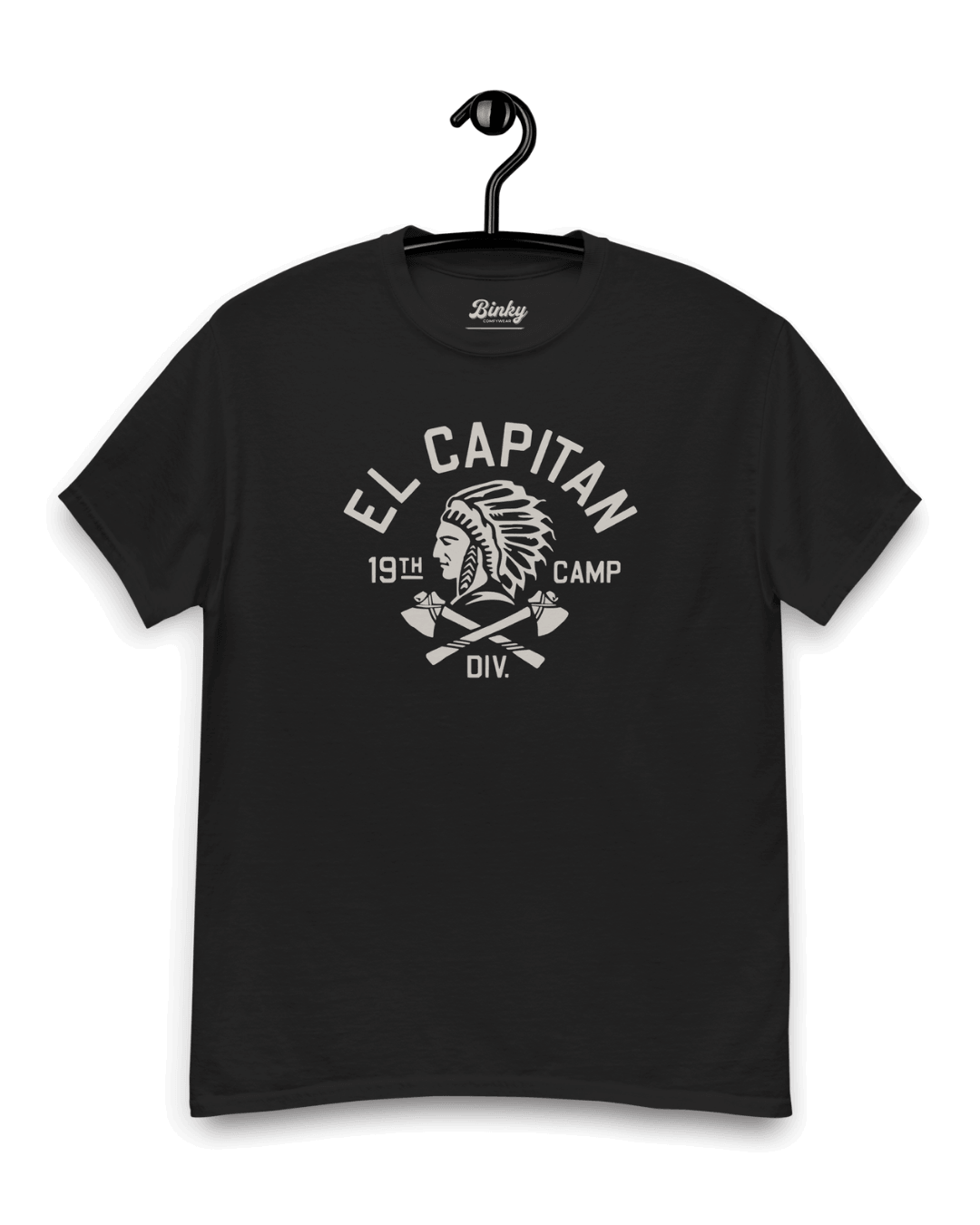 EL CAPITAN T-SHIRT | RAW VINTAGE INK displayed on a hanger with native-inspired design and retro typography.
