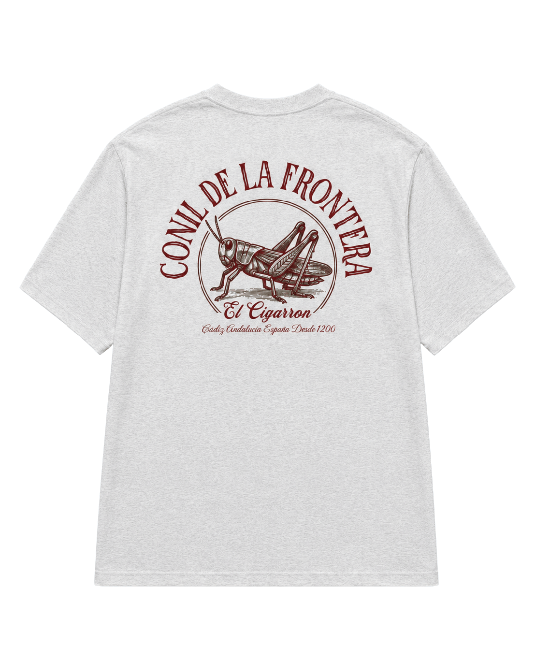 El Cigarron T-Shirt | Sun, Salt & Spirit back design featuring 'Conil de la Frontera' and grasshopper graphic.