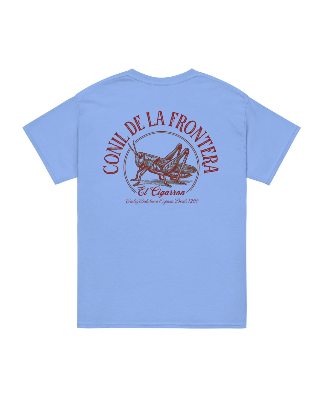 Camiseta El Cigarrón en azul con diseño de saltamontes y texto CONIL DE LA FRONTERA en la parte posterior.