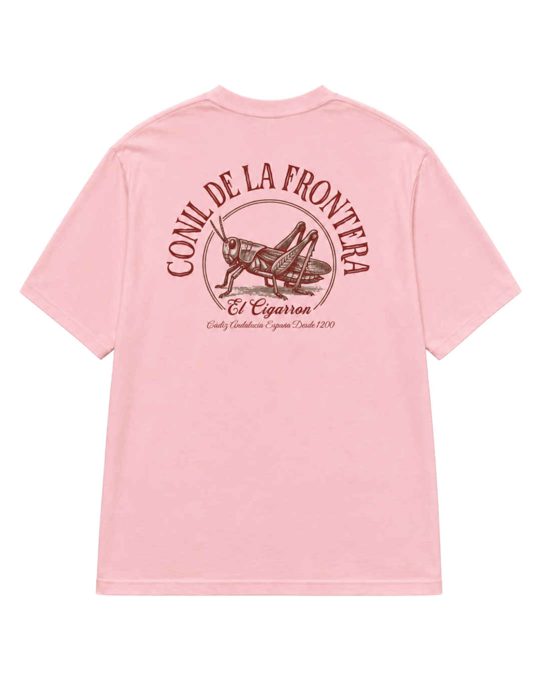 El Cigarron T-Shirt | Sun, Salt & Spirit featuring a pink shirt with a cicada graphic and 'Conil de la Frontera' text.