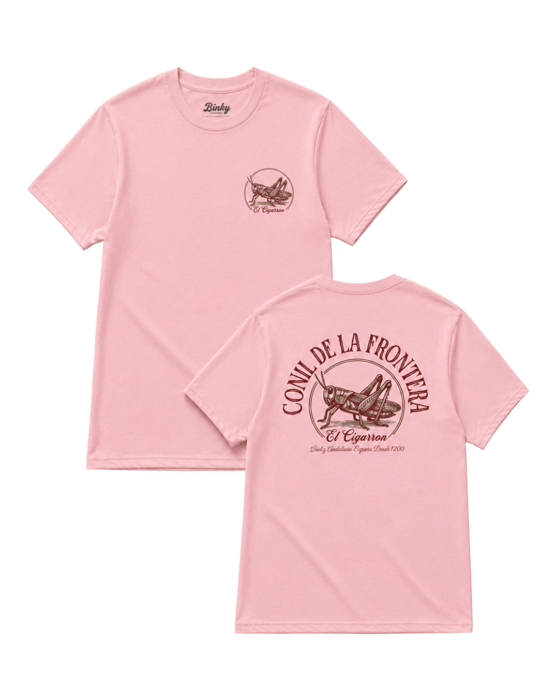 El Cigarron T-Shirt | Sun, Salt & Spirit featuring Conil de la Frontera design on a pink background.