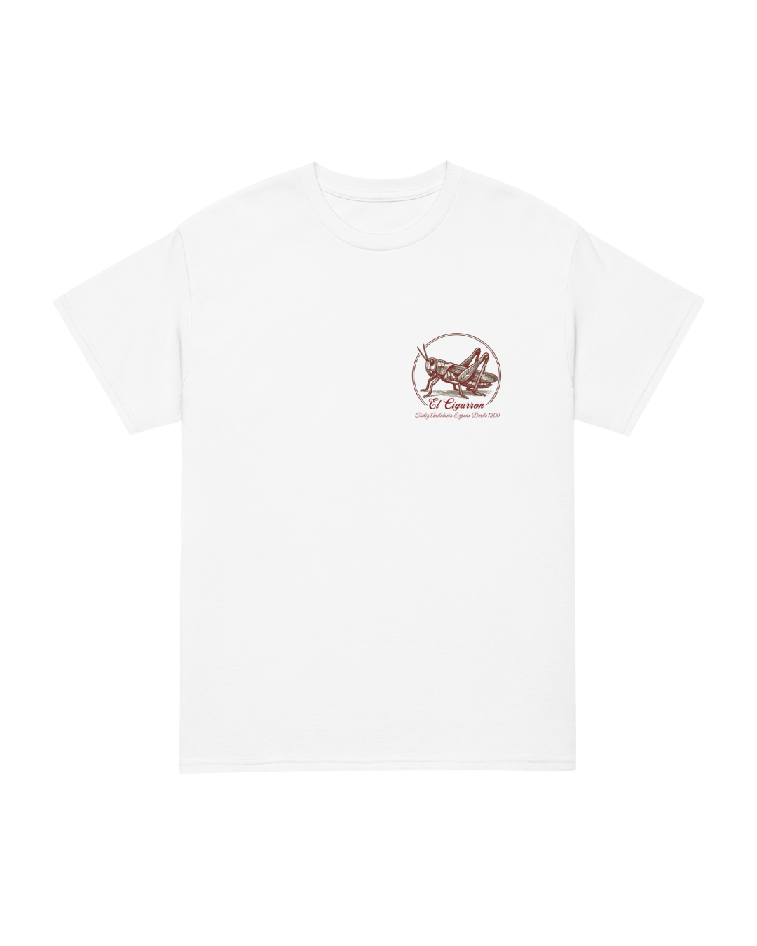 Camiseta El Cigarrón en color blanco con diseño en el pecho, simbolizando la esencia de la costa andaluza.