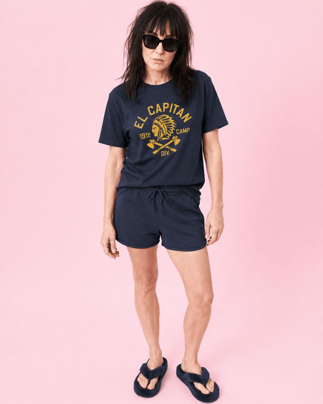 El Capitan T-Shirt | Raw Vintage Ink worn by a model in stylish casual attire against a pink background.