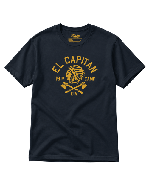 El Capitan T-Shirt | Raw Vintage Ink featuring a vintage graphic design on a navy cotton t-shirt.