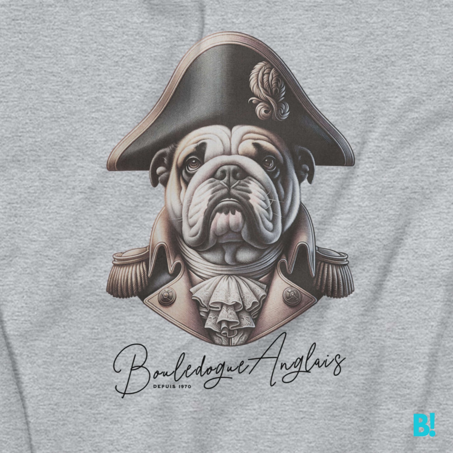 Make a Bold Statement with the Bouledogue Anglais Sweater, featuring an English bulldog dressed as a Napoleon-era officer. 