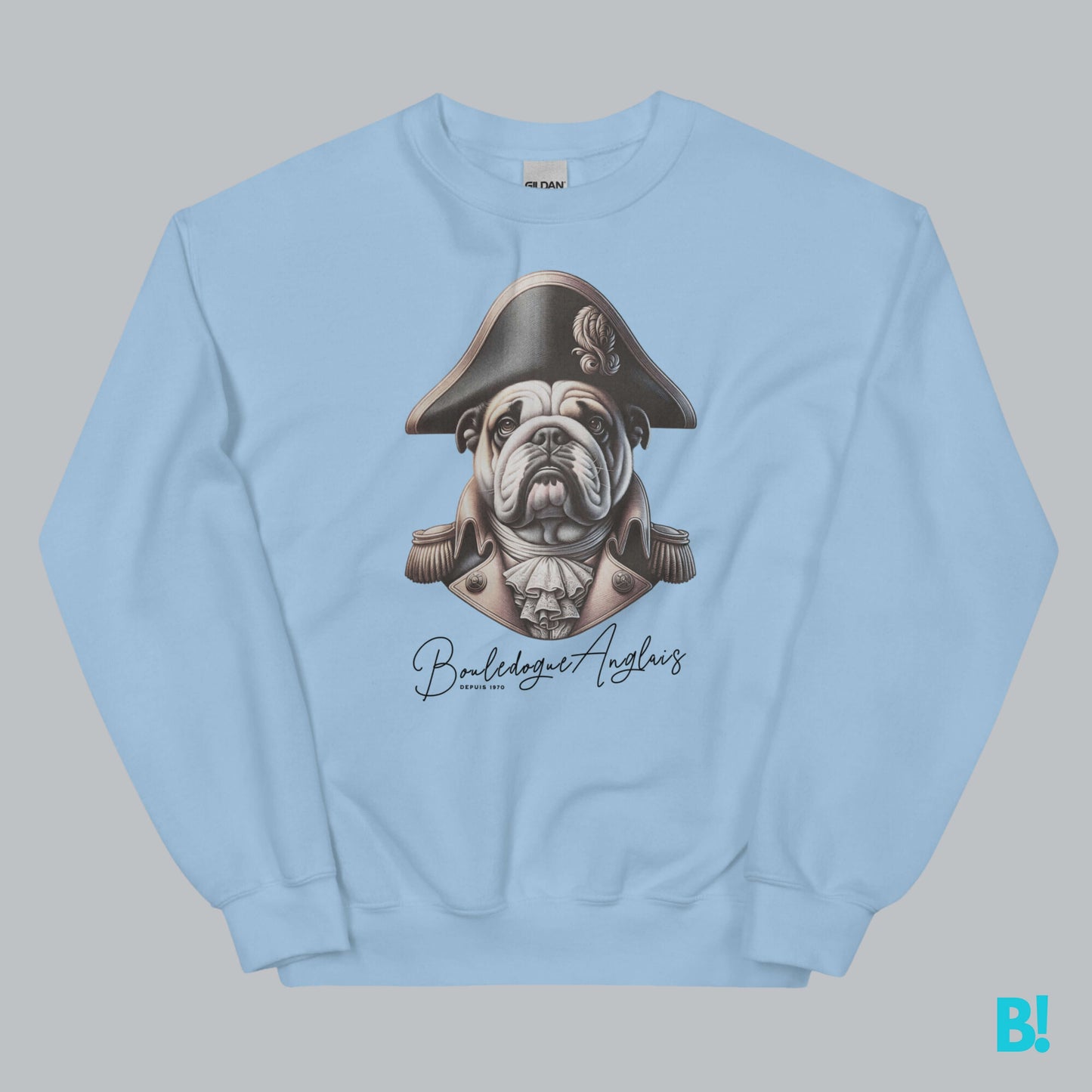 Make a Bold Statement with the Bouledogue Anglais Sweater, featuring an English bulldog dressed as a Napoleon-era officer. 