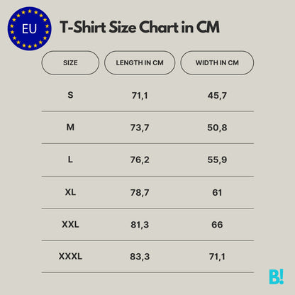 EU T-Shirt size chart in centimeters for sizes S to XXXL, showing length and width dimensions for accurate fit.