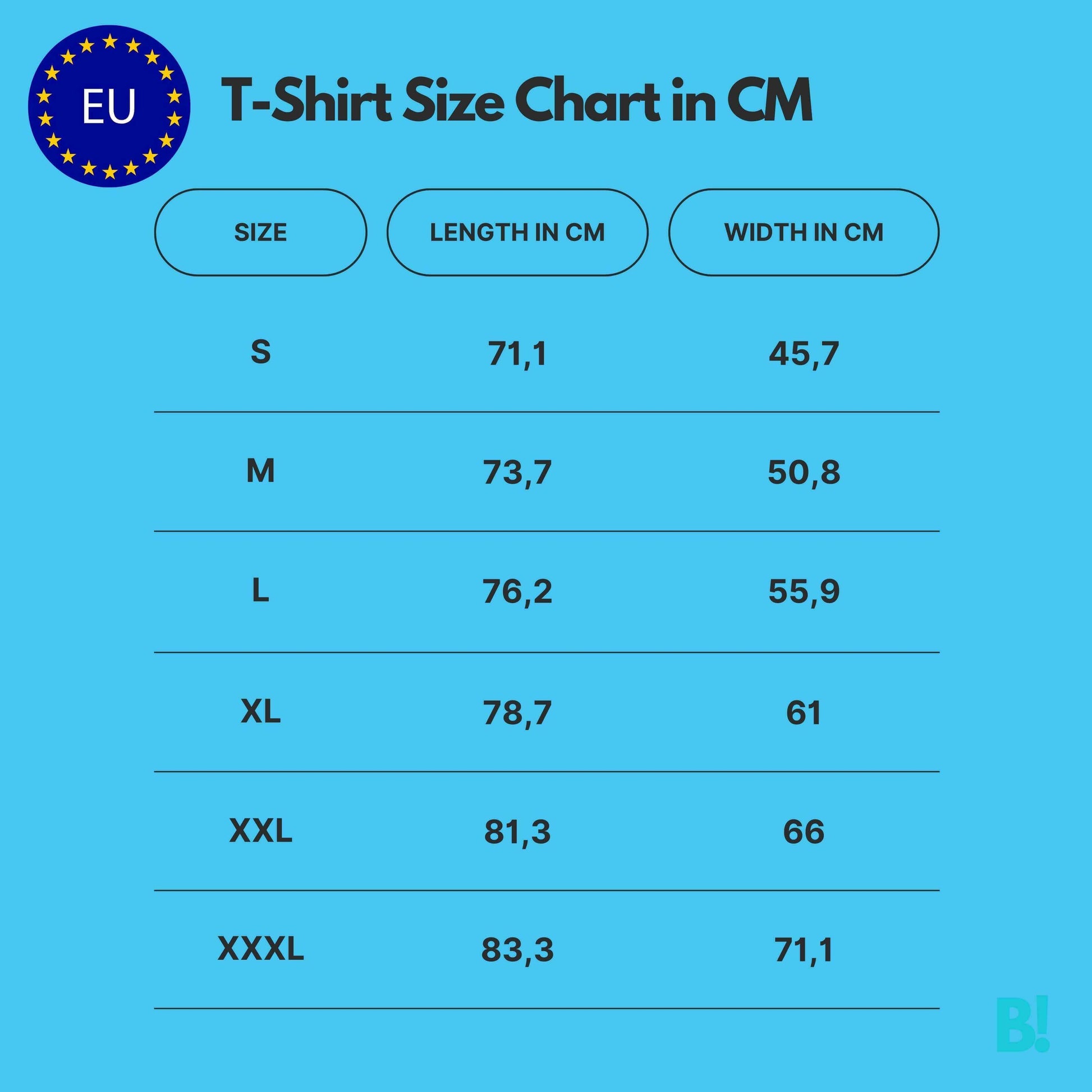 EU T-Shirt Size Chart in CM for Aperol Spritz T-Shirt, featuring sizes S to XXXL with corresponding length and width measurements.