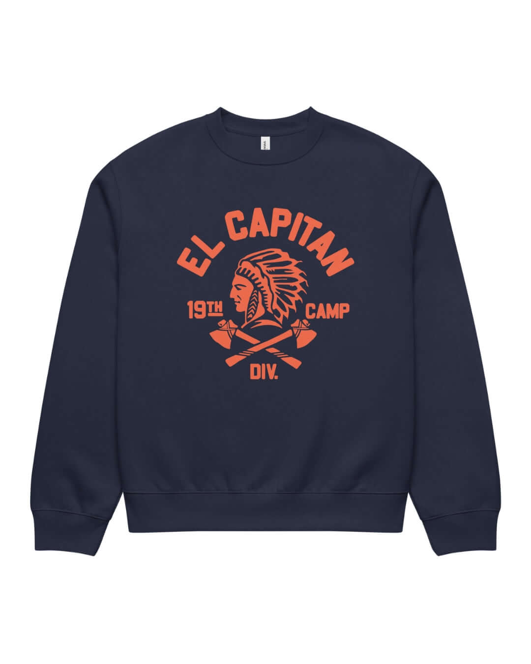 Navy BINKY El Capitan Heavy Sweater with orange vintage-inspired front graphic