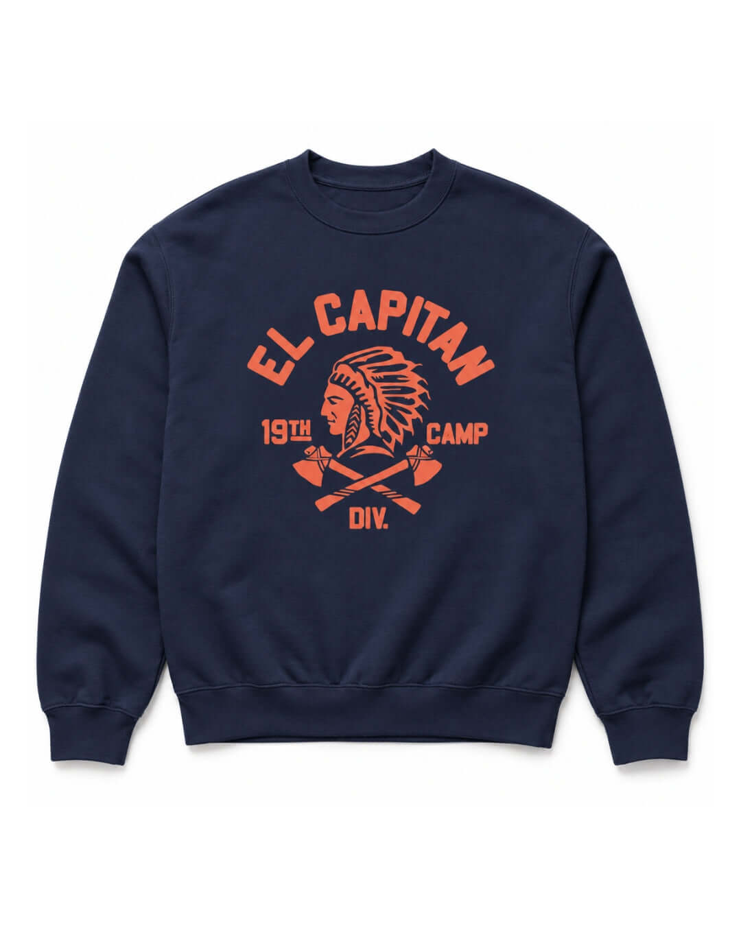 Navy BINKY El Capitan Heavy Sweater with orange vintage-inspired front graphic