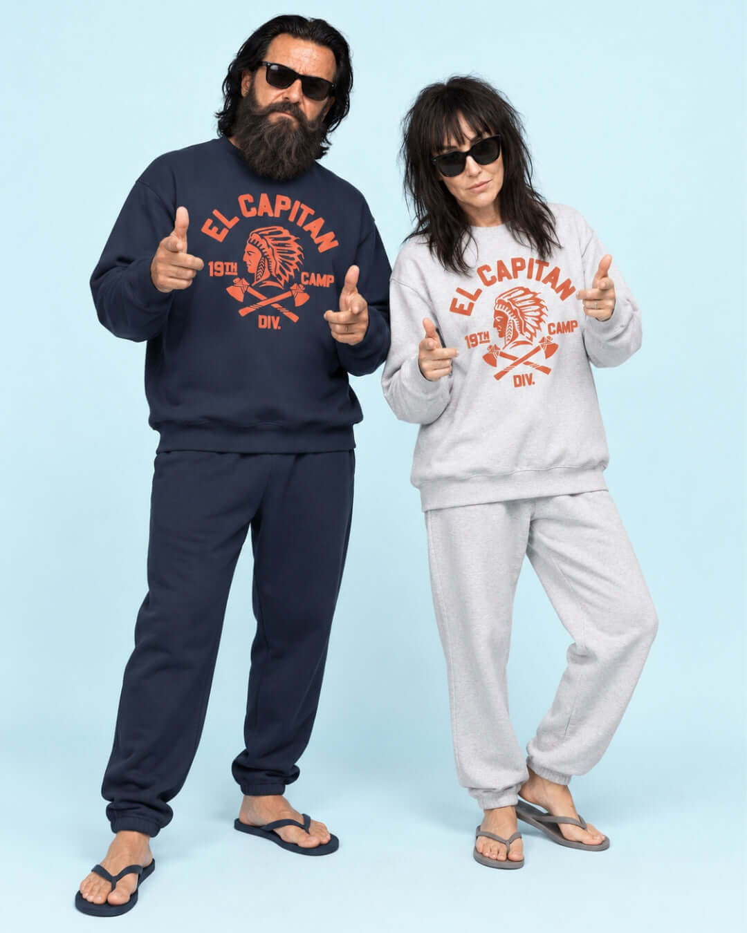 Walter and Helga wearing BINKY El Capitan Heavy Sweaters in Navy and Athletic Heather