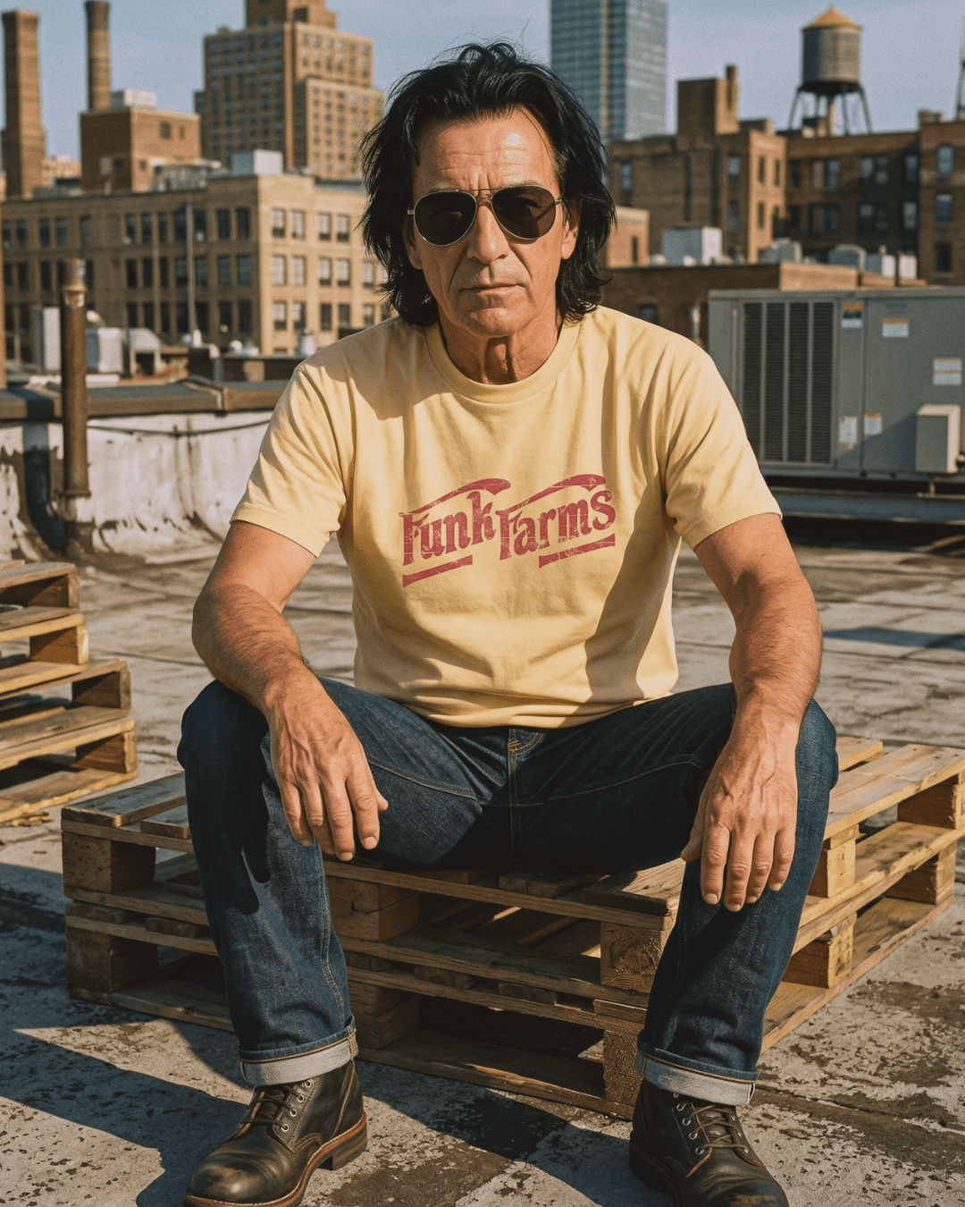 Man wearing a FUNK FARMS T-SHIRT in yellow on a rooftop, exuding a trendy streetwear vibe.