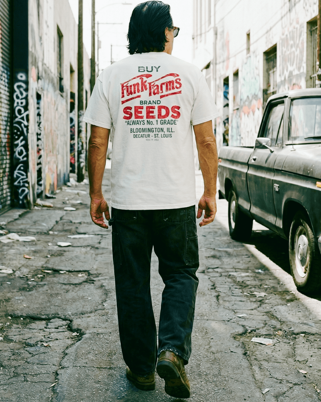 A person wearing a FUNK FARMS T-SHIRT stands in a graffiti-filled alley, showcasing the stylish design.