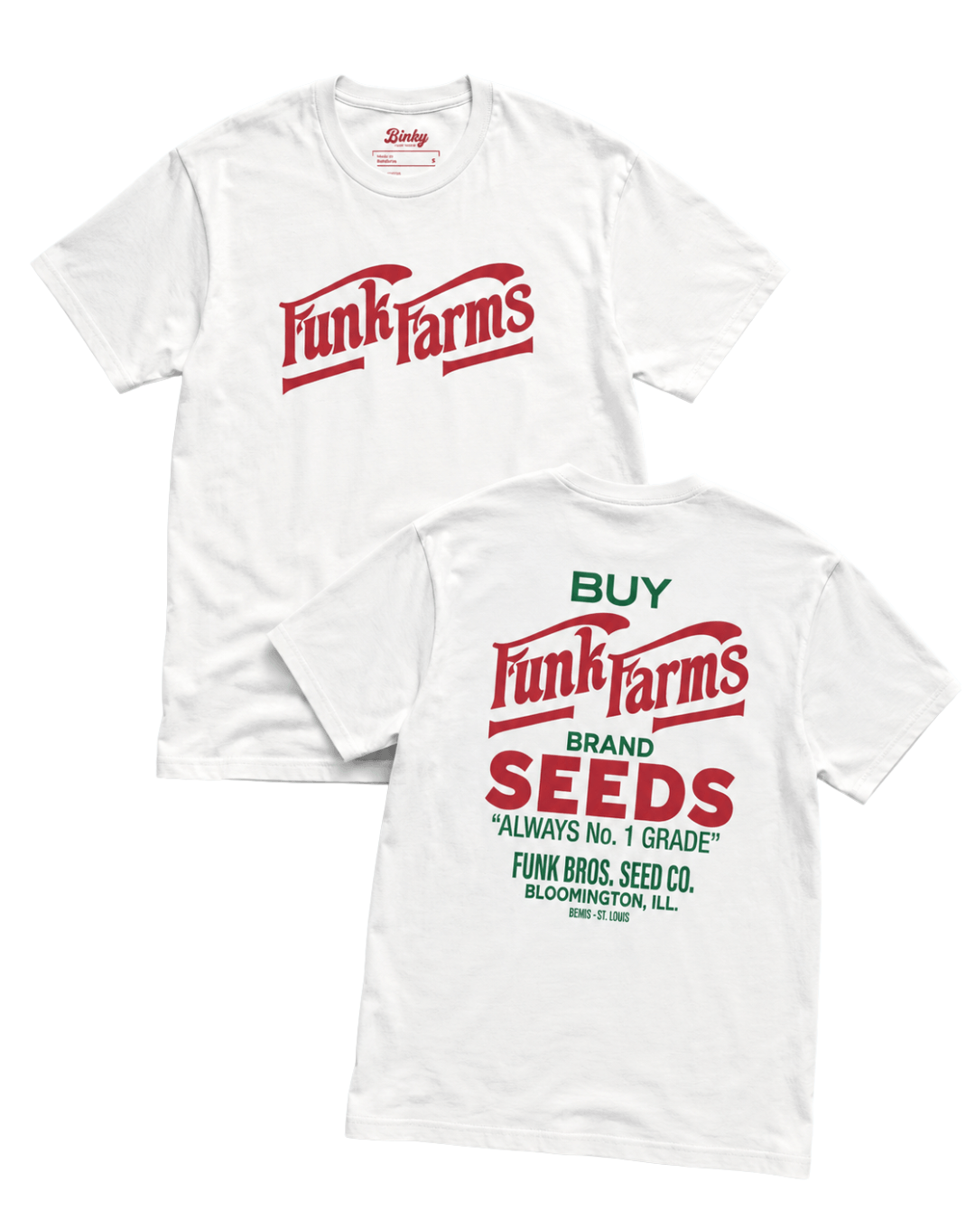 Funk Farms T-Shirt | Midwest Americana Bootleg featuring vintage seed sack-inspired design on a white tee.