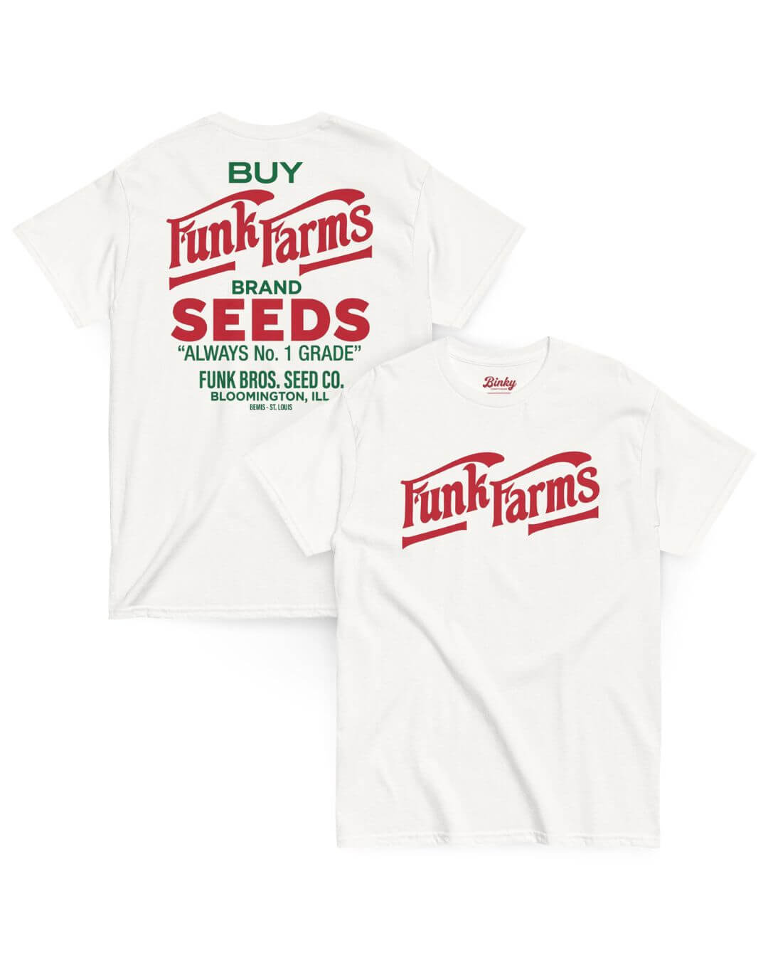 Funk Farms T-Shirt in White showing vintage Midwest farm-inspired front and back graphics