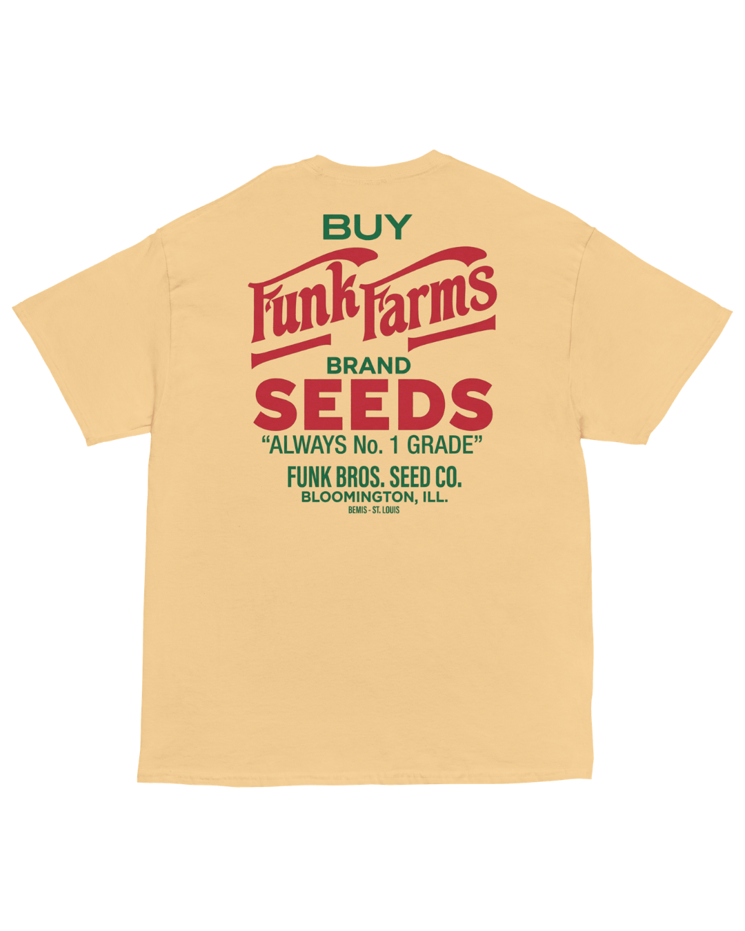 Funk Farms T-Shirt | Midwest Americana Bootleg featuring vintage seed sack design on a yellow tee.