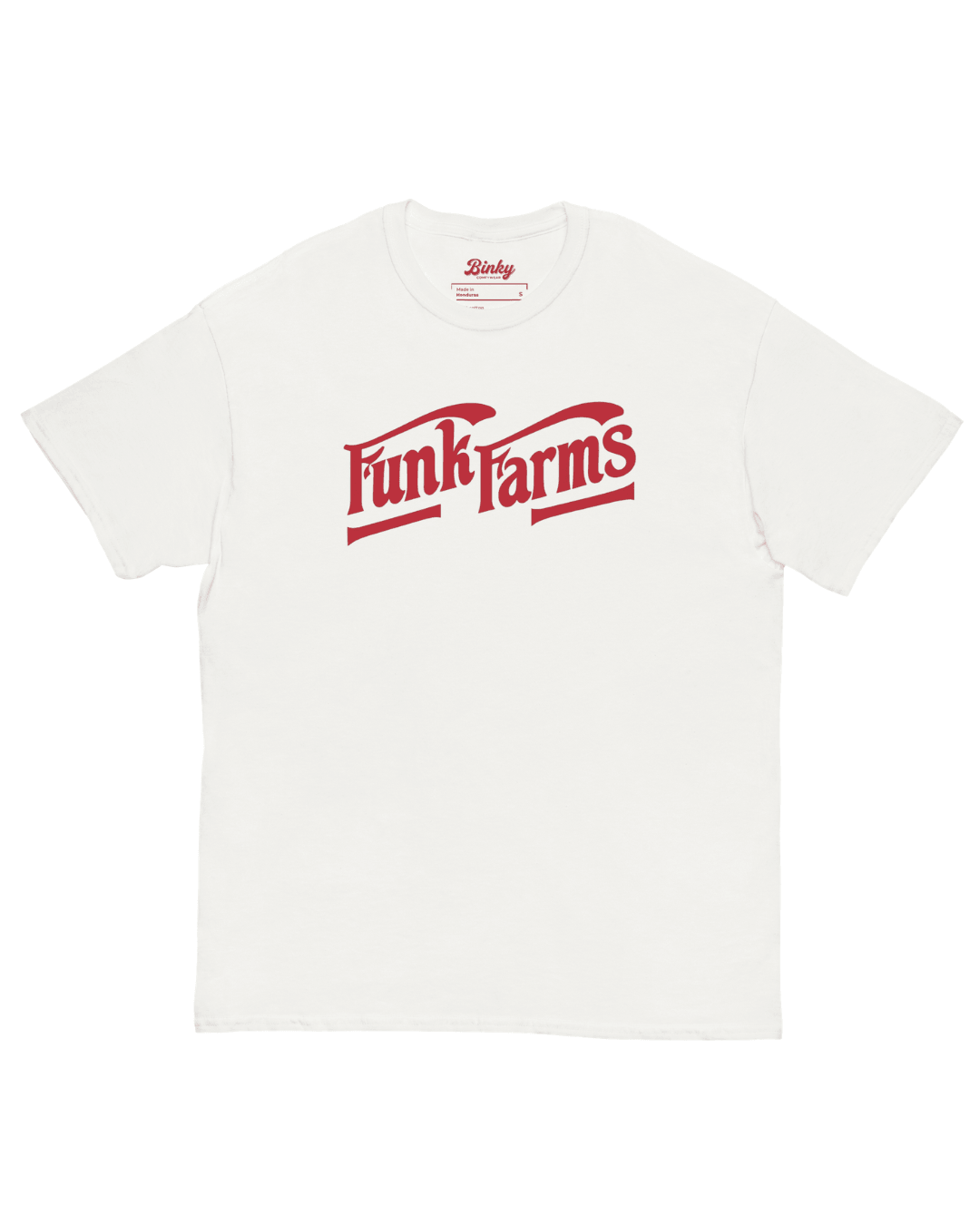 Funk Farms T-Shirt | Midwest Americana Bootleg white tee with bold red typography.