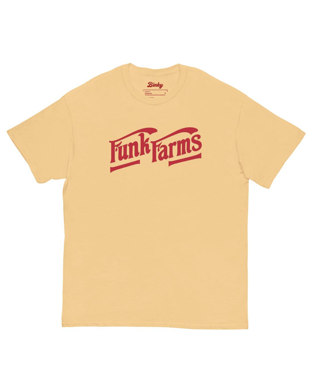 Funk Farms T-Shirt | Midwest Americana Bootleg featuring vintage style typography on a yellow background.