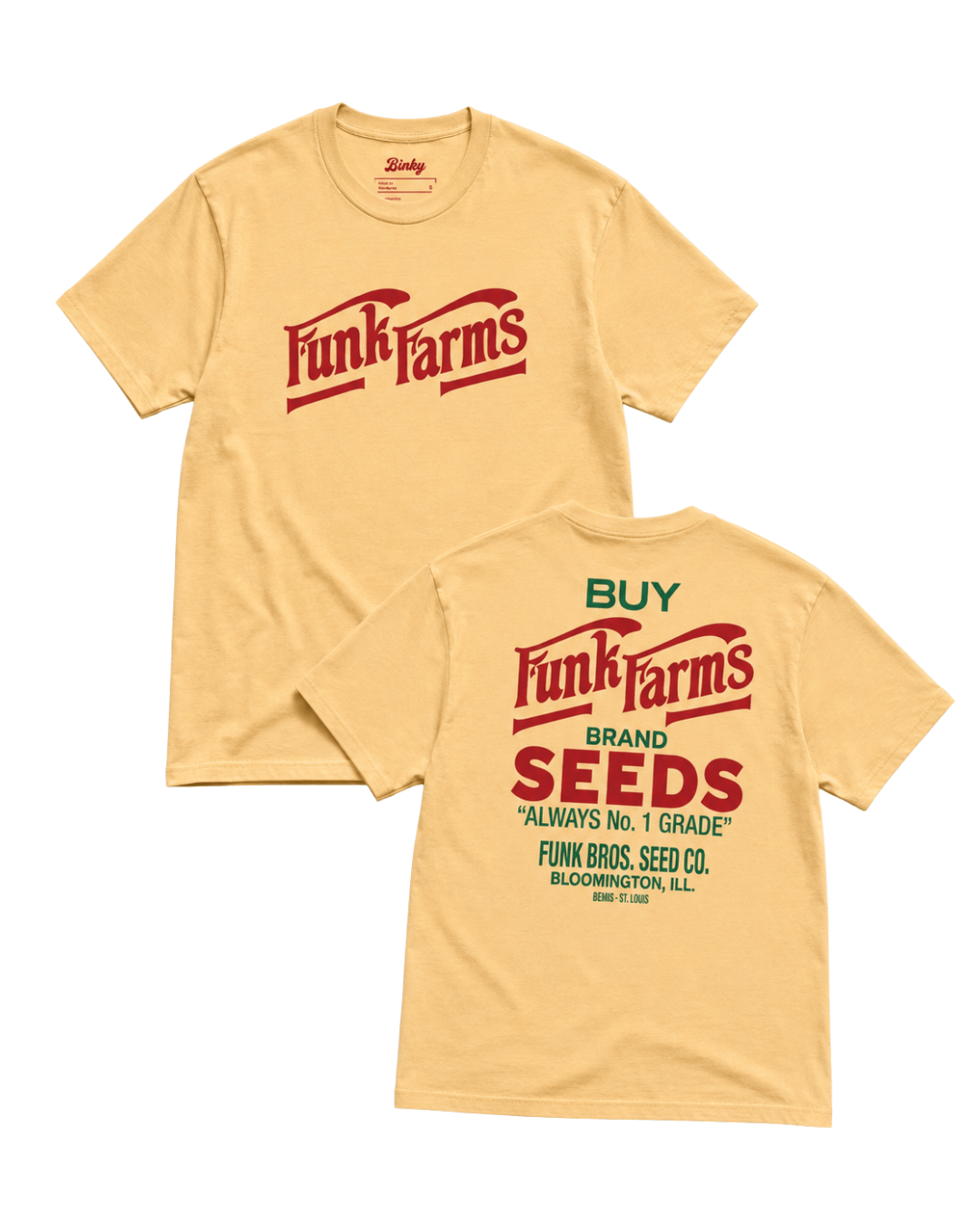 Funk Farms T-Shirt | Midwest Americana Bootleg featuring vintage agricultural typography on a yellow tee.