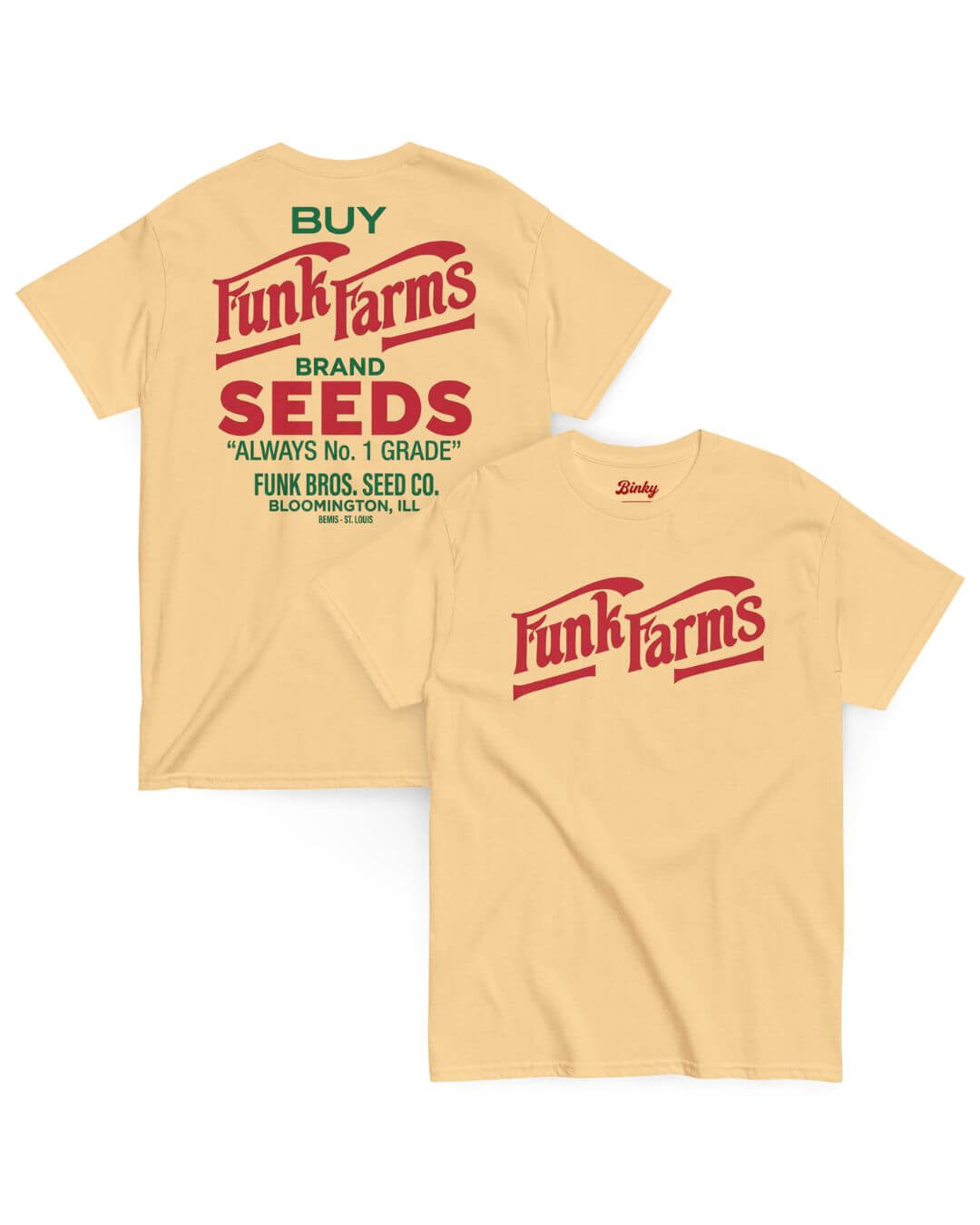 Funk Farms T-Shirt in Yellow Haze showing vintage Midwest farm-inspired front and back graphics