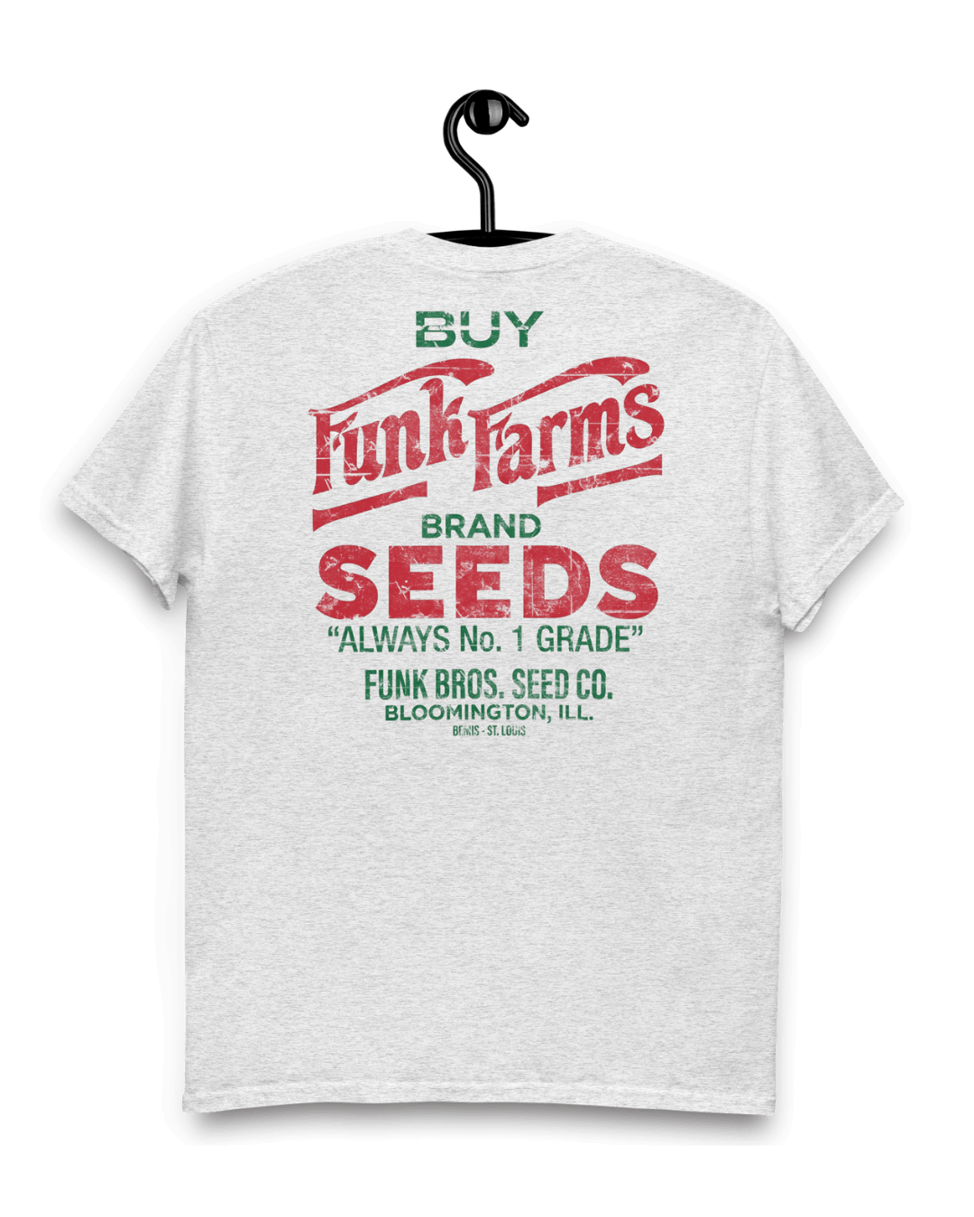 FUNK FARMS T-SHIRT displaying vintage seed branding on a grey background, perfect for trendy streetwear.