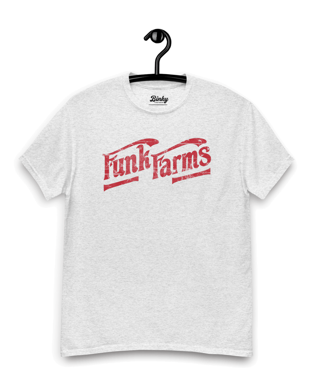 FUNK FARMS T-SHIRT | MIDWEST AMERICANA BOOTLEG featuring vintage-inspired design in red on gray fabric.