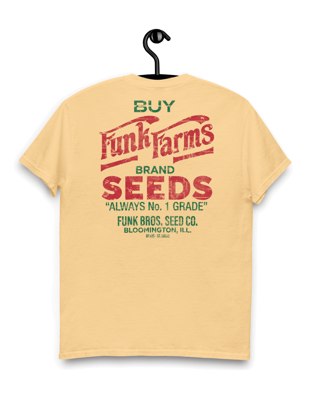 FUNK FARMS T-SHIRT with colorful text design featuring 'BUY Funk Farms BRAND SEEDS' on a yellow background.