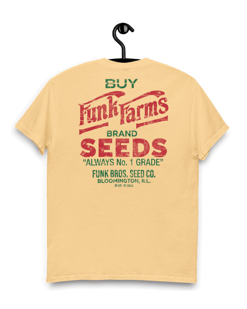 FUNK FARMS T-SHIRT with colorful text design featuring 'BUY Funk Farms BRAND SEEDS' on a yellow background.