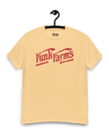 FUNK FARMS T-SHIRT displayed on a hanger, featuring a vintage design in bold red text on a light yellow background.