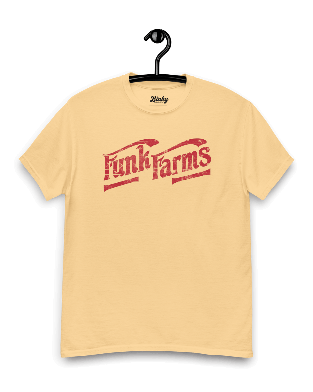 FUNK FARMS T-SHIRT displayed on a hanger, featuring a vintage design in bold red text on a light yellow background.