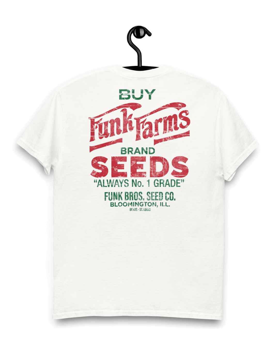FUNK FARMS T-SHIRT featuring a vintage seed advertisement design on a white background.