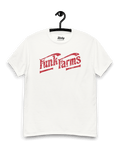 FUNK FARMS T-SHIRT | MIDWEST AMERICANA BOOTLEG displayed on a hanger, featuring a rustic red graphic design.