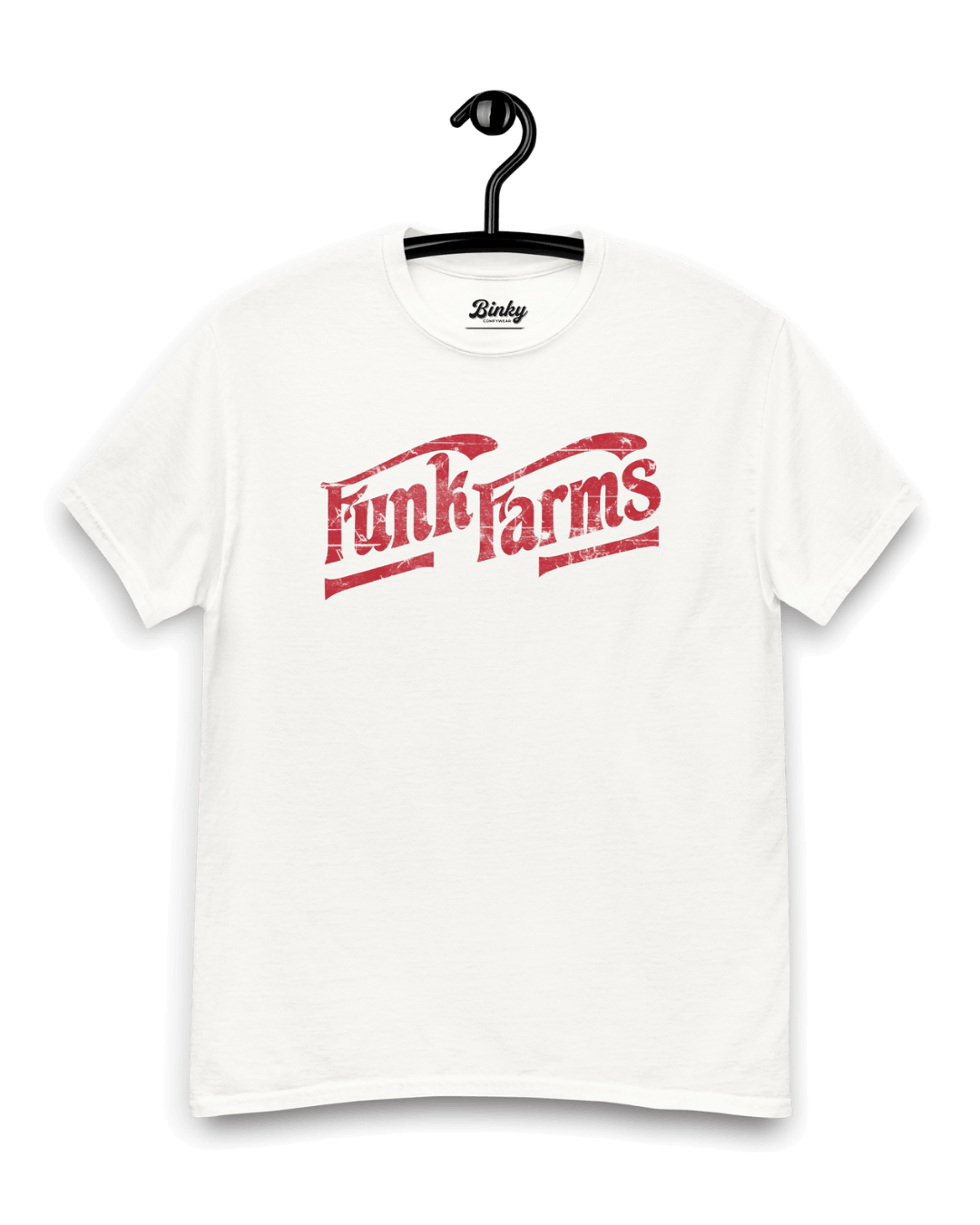FUNK FARMS T-SHIRT | MIDWEST AMERICANA BOOTLEG displayed on a hanger, featuring a rustic red graphic design.