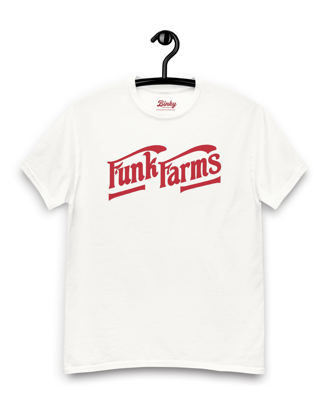 Funk Farms T-Shirt | Midwest Americana Bootleg hanging on a hook, showcasing vintage-style print in red on white.