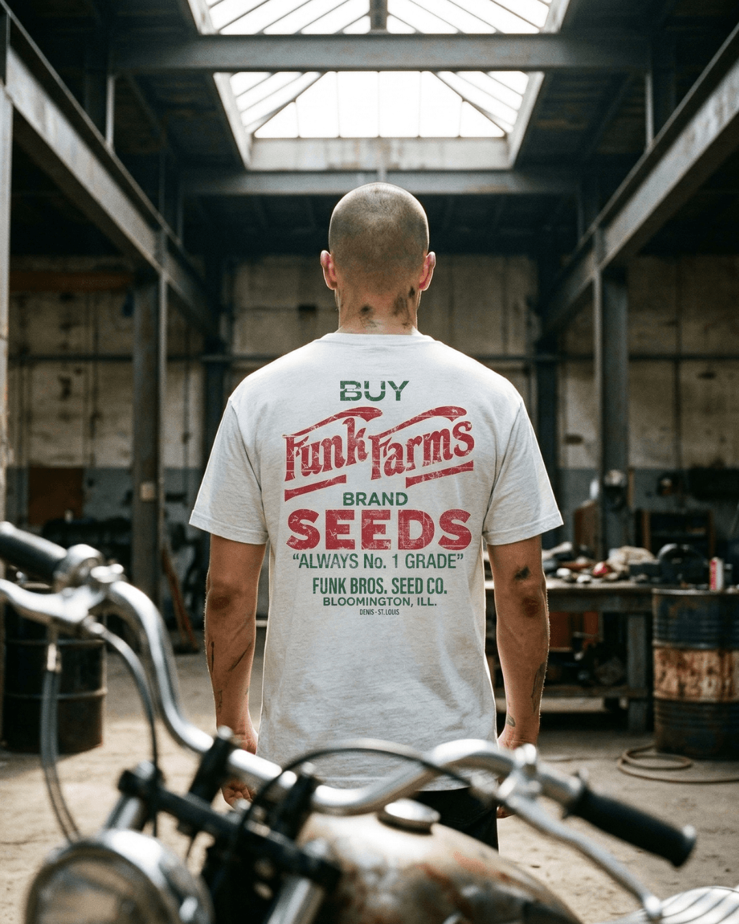 FUNK FARMS T-SHIRT | MIDWEST AMERICANA BOOTLEG design featuring vintage seed advertisement in a rustic setting.