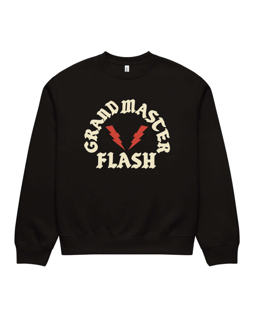 Black BINKY Flashback Heavy Sweater with vintage cream graphic and retro red lightning