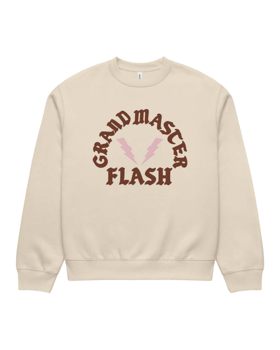 Dust BINKY Flashback Heavy Sweater with brown graphic and powder pink lightning