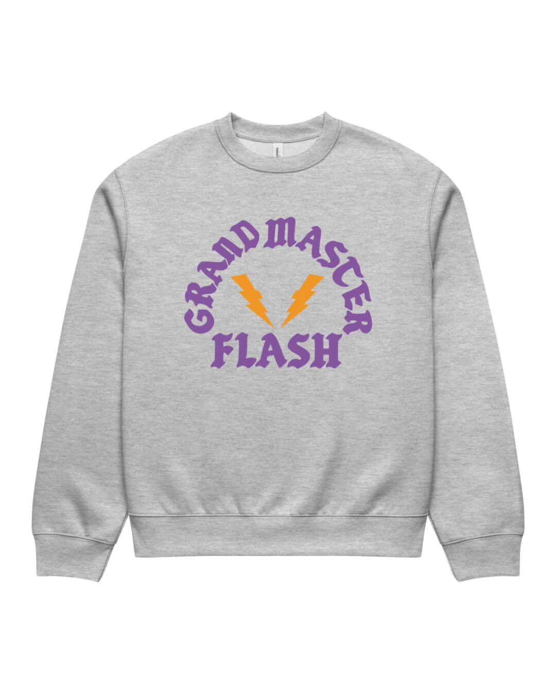 Athletic Heather BINKY Flashback Heavy Sweater with purple graphic and honey orange lightning