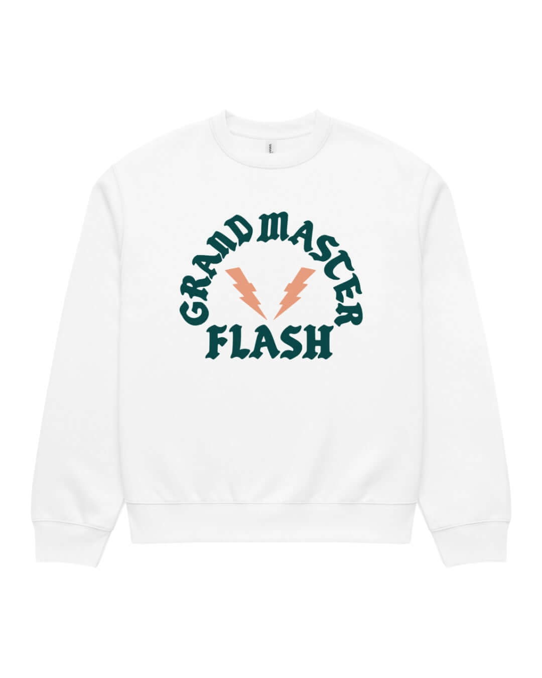 White BINKY Flashback Heavy Sweater with pine graphic and peach lightning